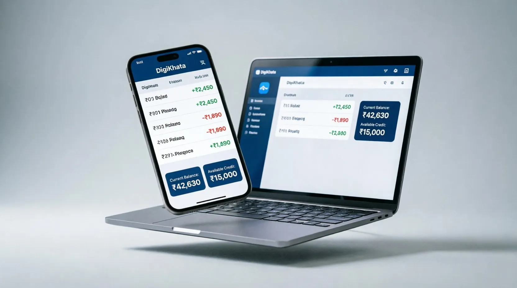 DigiKhata digital ledger on phone and laptop